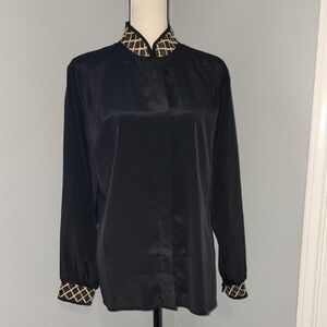 Notations Black Top with Sheer Gold Embroidery Collar/Cuffs